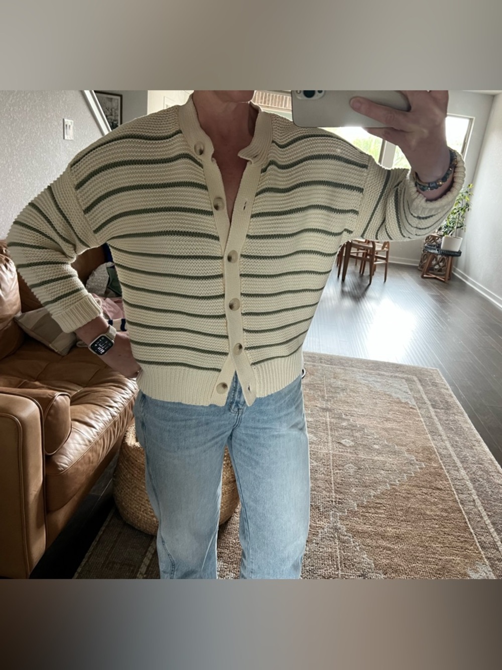 Cream Cardigan with Sage Green Stripes